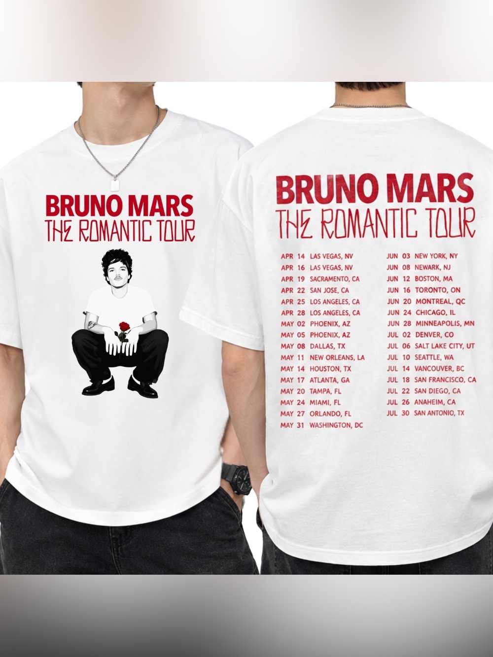 Bruno Mars The Romantic Tour Concert Dates Red Vintage White T-Shirt